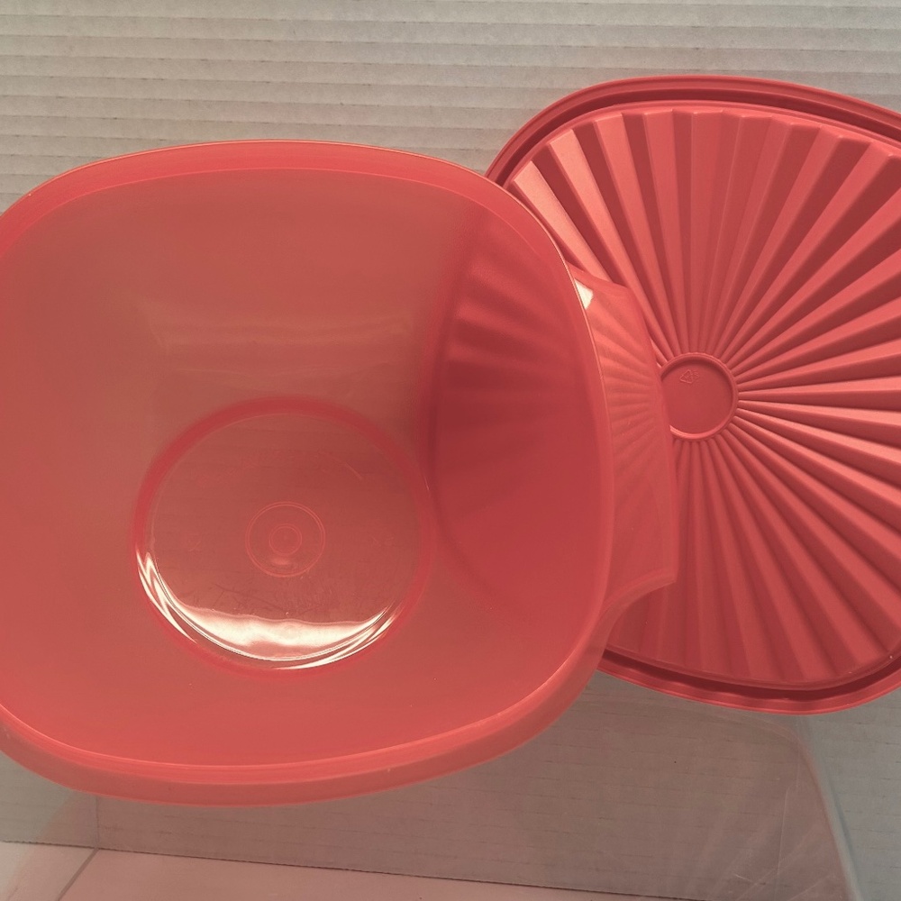Vintage Tupperware Servalier Bowl * Square Round * Sheer Flamingo Sherbert Pink